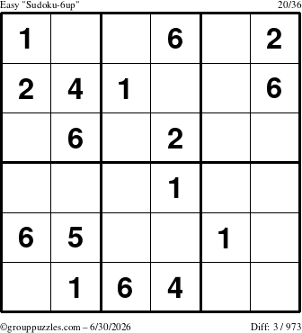 The grouppuzzles.com Easy Sudoku-6up puzzle for Tuesday June 30, 2026