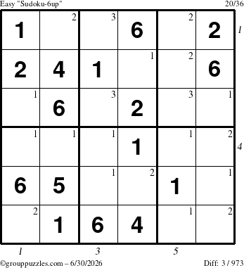 The grouppuzzles.com Easy Sudoku-6up puzzle for Tuesday June 30, 2026 with all 3 steps marked