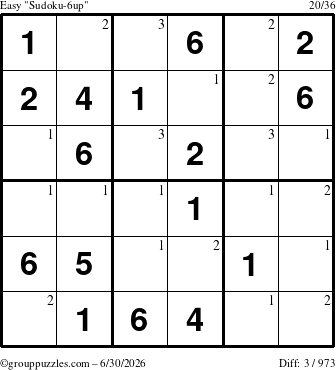 The grouppuzzles.com Easy Sudoku-6up puzzle for Tuesday June 30, 2026 with the first 3 steps marked