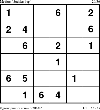 The grouppuzzles.com Medium Sudoku-6up puzzle for Tuesday June 30, 2026