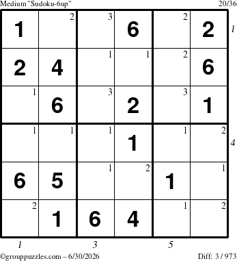 The grouppuzzles.com Medium Sudoku-6up puzzle for Tuesday June 30, 2026 with all 3 steps marked