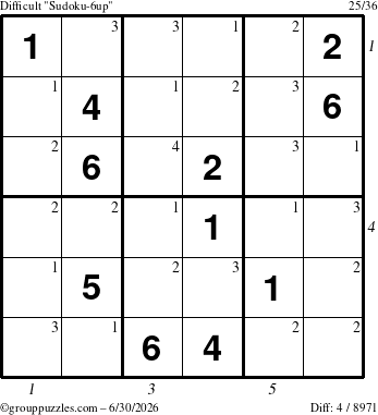 The grouppuzzles.com Difficult Sudoku-6up puzzle for Tuesday June 30, 2026 with all 4 steps marked