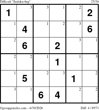 The grouppuzzles.com Difficult Sudoku-6up puzzle for Tuesday June 30, 2026 with the first 3 steps marked