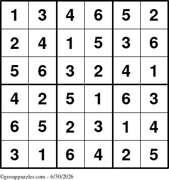 The grouppuzzles.com Answer grid for the Sudoku-6up puzzle for Tuesday June 30, 2026