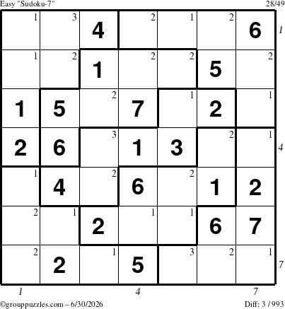 The grouppuzzles.com Easy Sudoku-7 puzzle for Tuesday June 30, 2026, suitable for printing, with all 3 steps marked