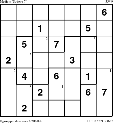 The grouppuzzles.com Medium Sudoku-7 puzzle for Tuesday June 30, 2026 with the first 3 steps marked