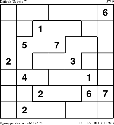 The grouppuzzles.com Difficult Sudoku-7 puzzle for Tuesday June 30, 2026