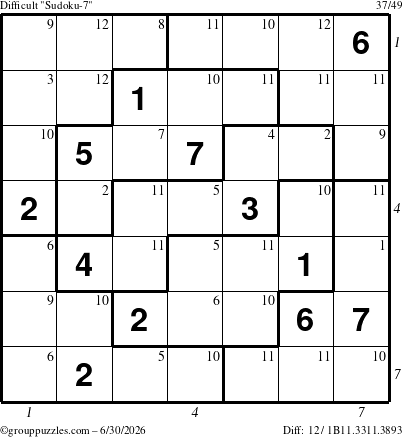 The grouppuzzles.com Difficult Sudoku-7 puzzle for Tuesday June 30, 2026, suitable for printing, with all 12 steps marked