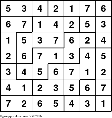 The grouppuzzles.com Answer grid for the Sudoku-7 puzzle for Tuesday June 30, 2026