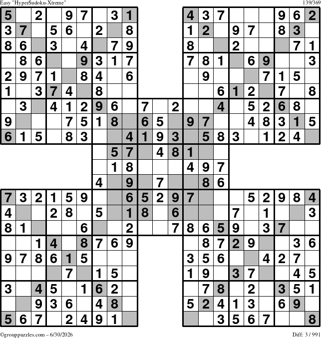The grouppuzzles.com Easy HyperSudoku-Xtreme puzzle for Tuesday June 30, 2026