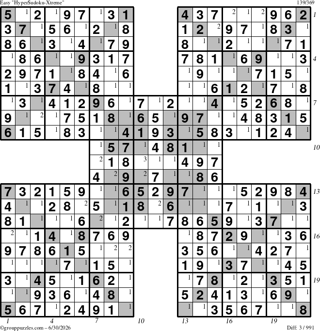 The grouppuzzles.com Easy HyperSudoku-Xtreme puzzle for Tuesday June 30, 2026, suitable for printing, with all 3 steps marked