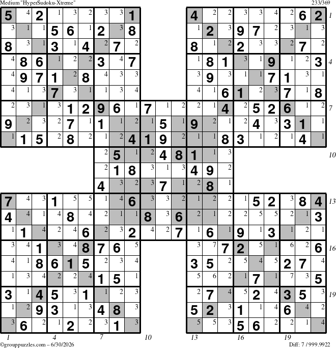 The grouppuzzles.com Medium HyperSudoku-Xtreme puzzle for Tuesday June 30, 2026, suitable for printing, with all 7 steps marked