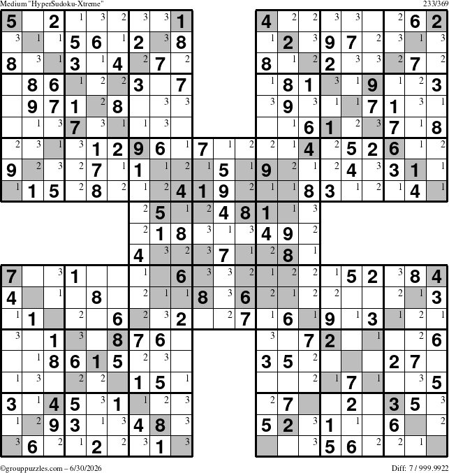 The grouppuzzles.com Medium HyperSudoku-Xtreme puzzle for Tuesday June 30, 2026 with the first 3 steps marked