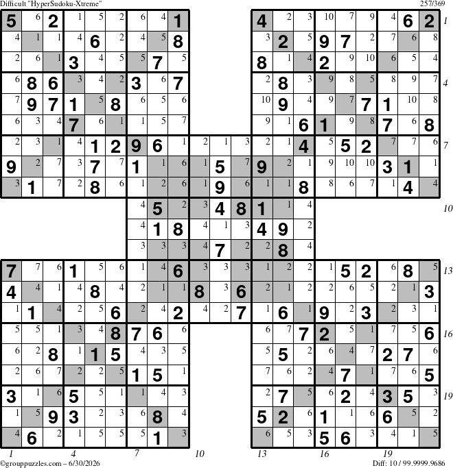 The grouppuzzles.com Difficult HyperSudoku-Xtreme puzzle for Tuesday June 30, 2026 with all 10 steps marked
