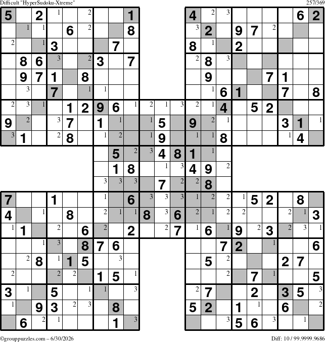 The grouppuzzles.com Difficult HyperSudoku-Xtreme puzzle for Tuesday June 30, 2026 with the first 3 steps marked
