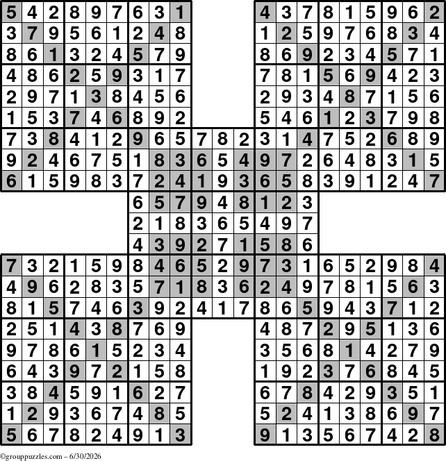 The grouppuzzles.com Answer grid for the HyperSudoku-Xtreme puzzle for Tuesday June 30, 2026