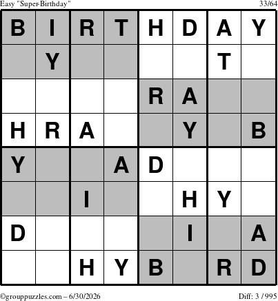 The grouppuzzles.com Easy Super-Birthday puzzle for Tuesday June 30, 2026