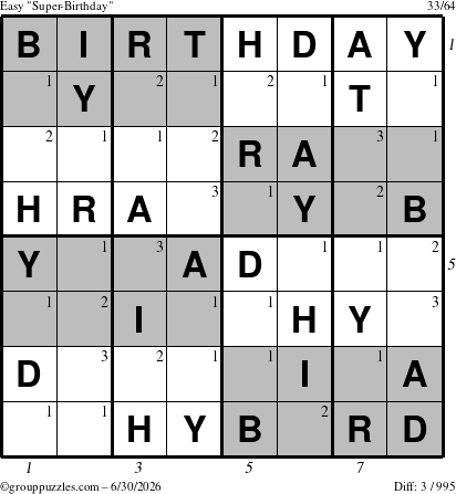 The grouppuzzles.com Easy Super-Birthday puzzle for Tuesday June 30, 2026 with all 3 steps marked
