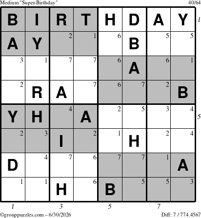 The grouppuzzles.com Medium Super-Birthday puzzle for Tuesday June 30, 2026, suitable for printing, with all 7 steps marked
