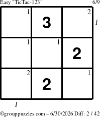 The grouppuzzles.com Easy TicTac-123 puzzle for Tuesday June 30, 2026, suitable for printing, with all 2 steps marked