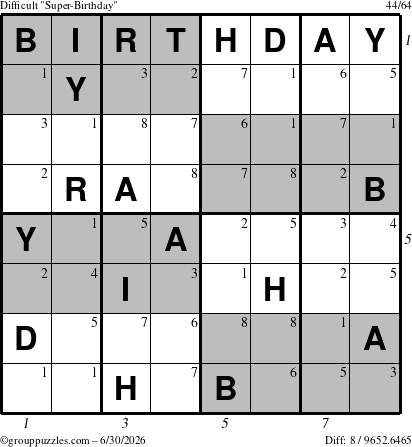 The grouppuzzles.com Difficult Super-Birthday puzzle for Tuesday June 30, 2026, suitable for printing, with all 8 steps marked