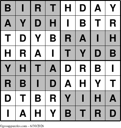 The grouppuzzles.com Answer grid for the Super-Birthday puzzle for Tuesday June 30, 2026