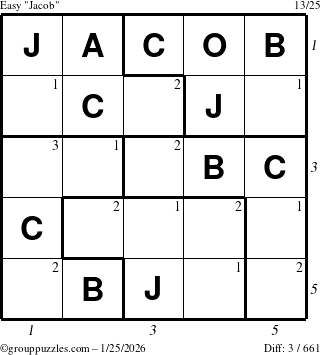 The grouppuzzles.com Easy Jacob puzzle for Sunday January 25, 2026 with all 3 steps marked