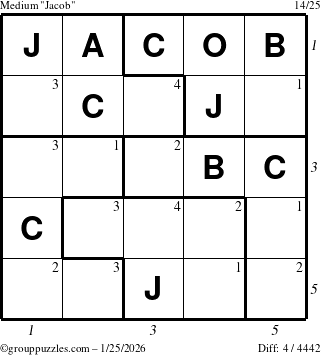 The grouppuzzles.com Medium Jacob puzzle for Sunday January 25, 2026 with all 4 steps marked