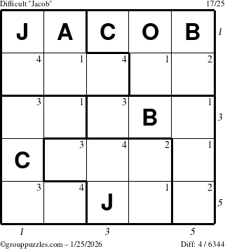 The grouppuzzles.com Difficult Jacob puzzle for Sunday January 25, 2026 with all 4 steps marked