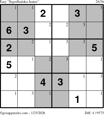 The grouppuzzles.com Easy SuperSudoku-Junior puzzle for Sunday January 25, 2026 with the first 3 steps marked
