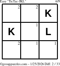 The grouppuzzles.com Easy TicTac-JKL puzzle for Sunday January 25, 2026 with the first 2 steps marked