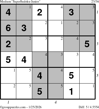 The grouppuzzles.com Medium SuperSudoku-Junior puzzle for Sunday January 25, 2026, suitable for printing, with all 5 steps marked