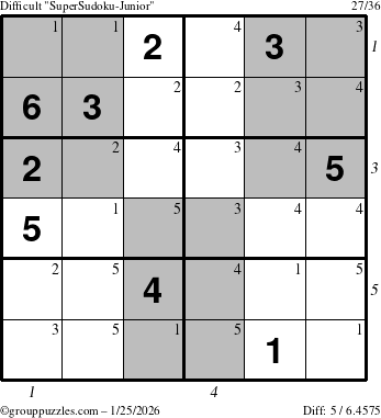 The grouppuzzles.com Difficult SuperSudoku-Junior puzzle for Sunday January 25, 2026 with all 5 steps marked