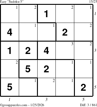 The grouppuzzles.com Easy Sudoku-5 puzzle for Sunday January 25, 2026, suitable for printing, with all 3 steps marked
