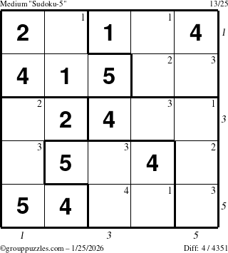 The grouppuzzles.com Medium Sudoku-5 puzzle for Sunday January 25, 2026 with all 4 steps marked