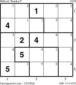 The grouppuzzles.com Difficult Sudoku-5 puzzle for Sunday January 25, 2026 with all 5 steps marked