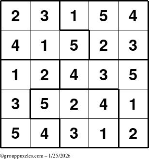 The grouppuzzles.com Answer grid for the Sudoku-5 puzzle for Sunday January 25, 2026