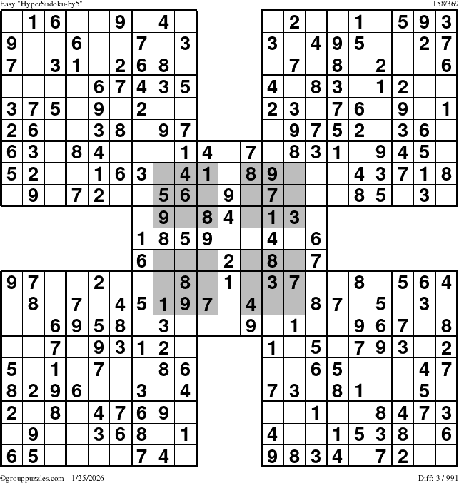 The grouppuzzles.com Easy HyperSudoku-by5 puzzle for Sunday January 25, 2026