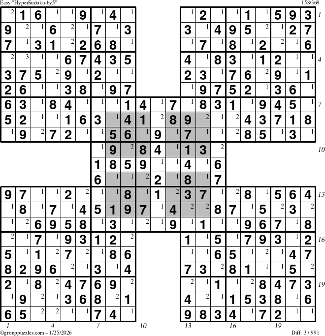 The grouppuzzles.com Easy HyperSudoku-by5 puzzle for Sunday January 25, 2026, suitable for printing, with all 3 steps marked