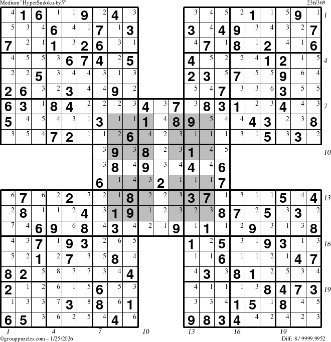 The grouppuzzles.com Medium HyperSudoku-by5 puzzle for Sunday January 25, 2026 with all 8 steps marked