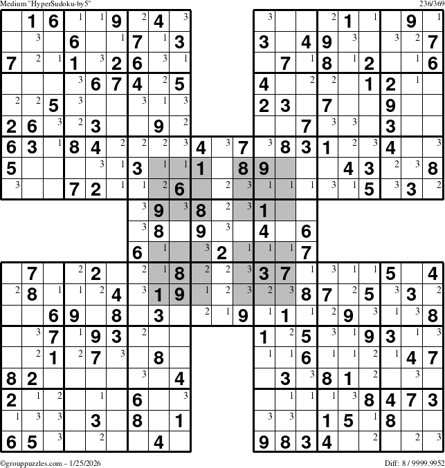 The grouppuzzles.com Medium HyperSudoku-by5 puzzle for Sunday January 25, 2026 with the first 3 steps marked