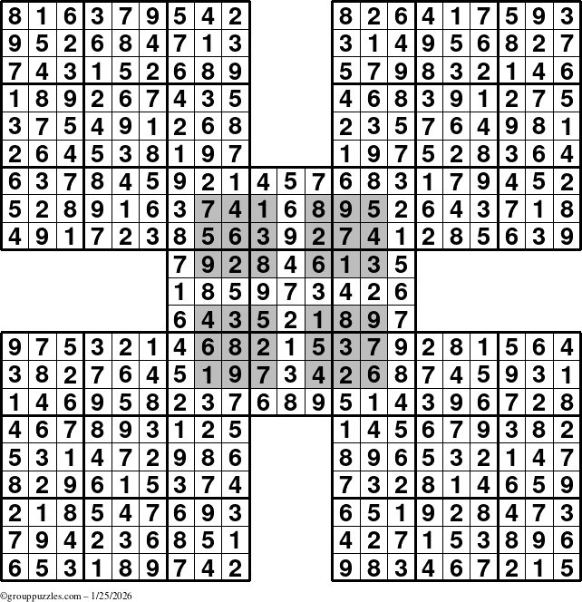 The grouppuzzles.com Answer grid for the HyperSudoku-by5 puzzle for Sunday January 25, 2026