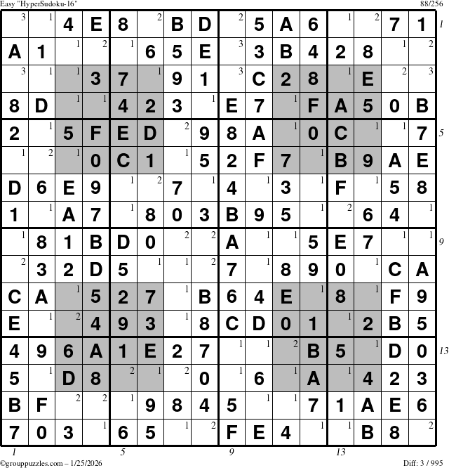 The grouppuzzles.com Easy HyperSudoku-16 puzzle for Sunday January 25, 2026 with all 3 steps marked