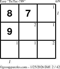 The grouppuzzles.com Easy TicTac-789 puzzle for Sunday January 25, 2026, suitable for printing, with all 2 steps marked