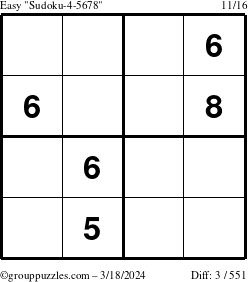 The grouppuzzles.com Easy Sudoku-4-5678 puzzle for Monday March 18, 2024