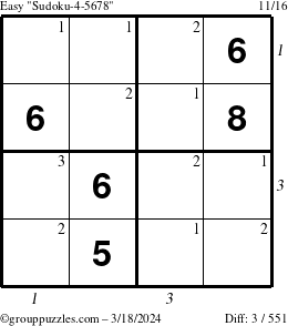 The grouppuzzles.com Easy Sudoku-4-5678 puzzle for Monday March 18, 2024 with all 3 steps marked