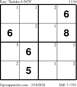 The grouppuzzles.com Easy Sudoku-4-5678 puzzle for Monday March 18, 2024 with the first 3 steps marked