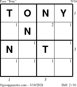 The grouppuzzles.com Easy Tony puzzle for Monday March 18, 2024 with all 2 steps marked