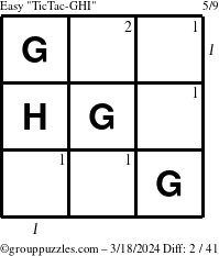 The grouppuzzles.com Easy TicTac-GHI puzzle for Monday March 18, 2024 with all 2 steps marked
