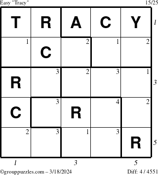 The grouppuzzles.com Easy Tracy puzzle for Monday March 18, 2024 with all 4 steps marked